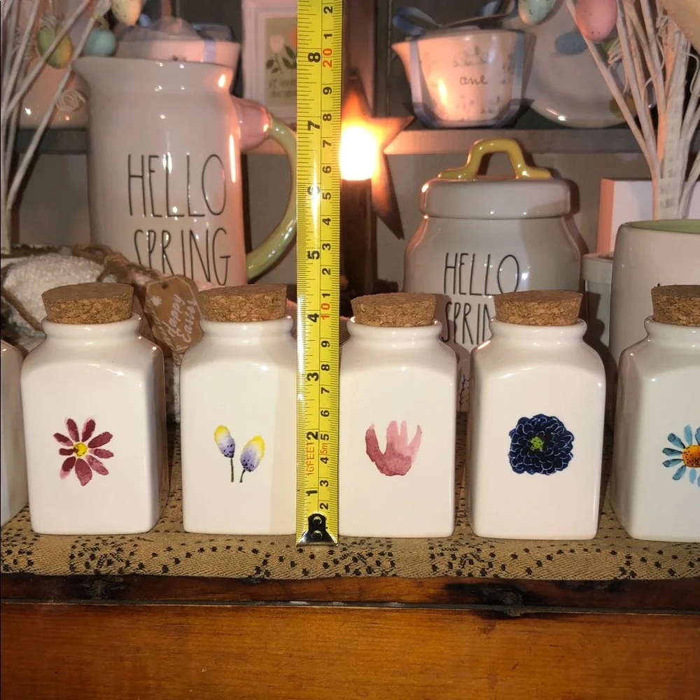 Rae Dunn Cream Ceramic Spice Jars with Colorful Floral Accents
